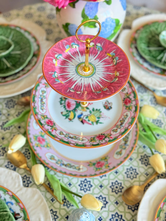 Famille Rose Pink Bok Choy Three Tiered Stand
