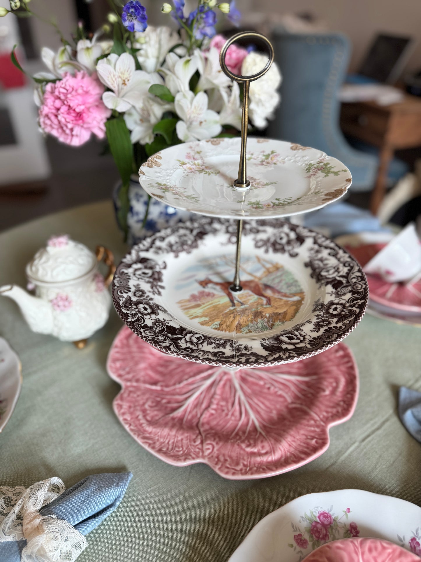 Handcrafted Tiered Stand – Limoges France, Spode Woodland Fox, and Pink Bordallo Charger