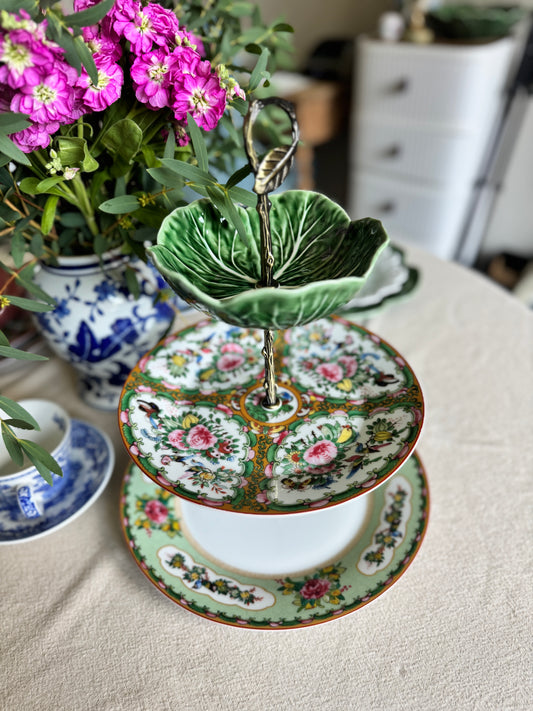 Bordallo Pinheiro Cabbage 🥬 and Famille Rose Three Tiered Stand