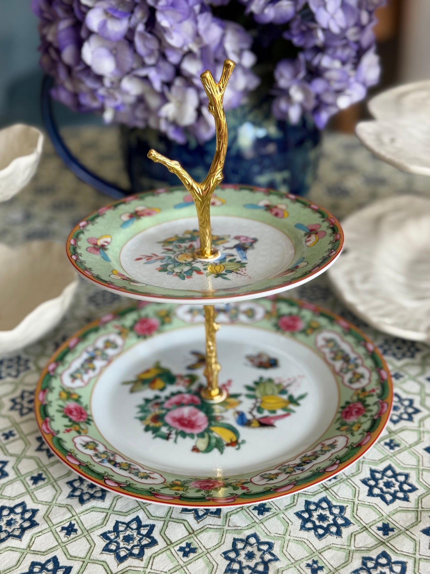 Famille Rose Green Rim Two Tiered Stand (9.5” base)