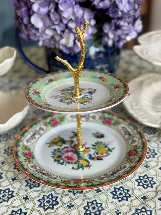 Famille Rose Green Rim Two Tiered Stand (9.5” base)