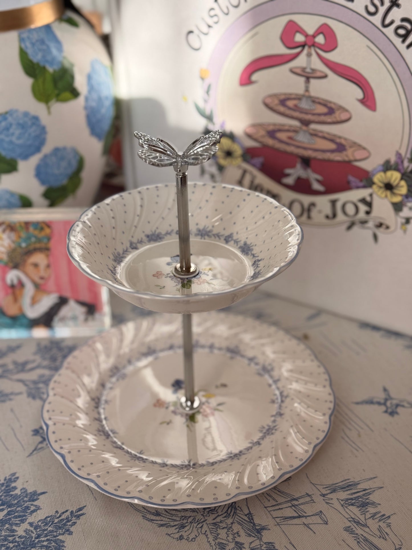 Nikko Blue Peony Tiered Stand – Vintage Style Blue and White Grandmillennial Serving Stand