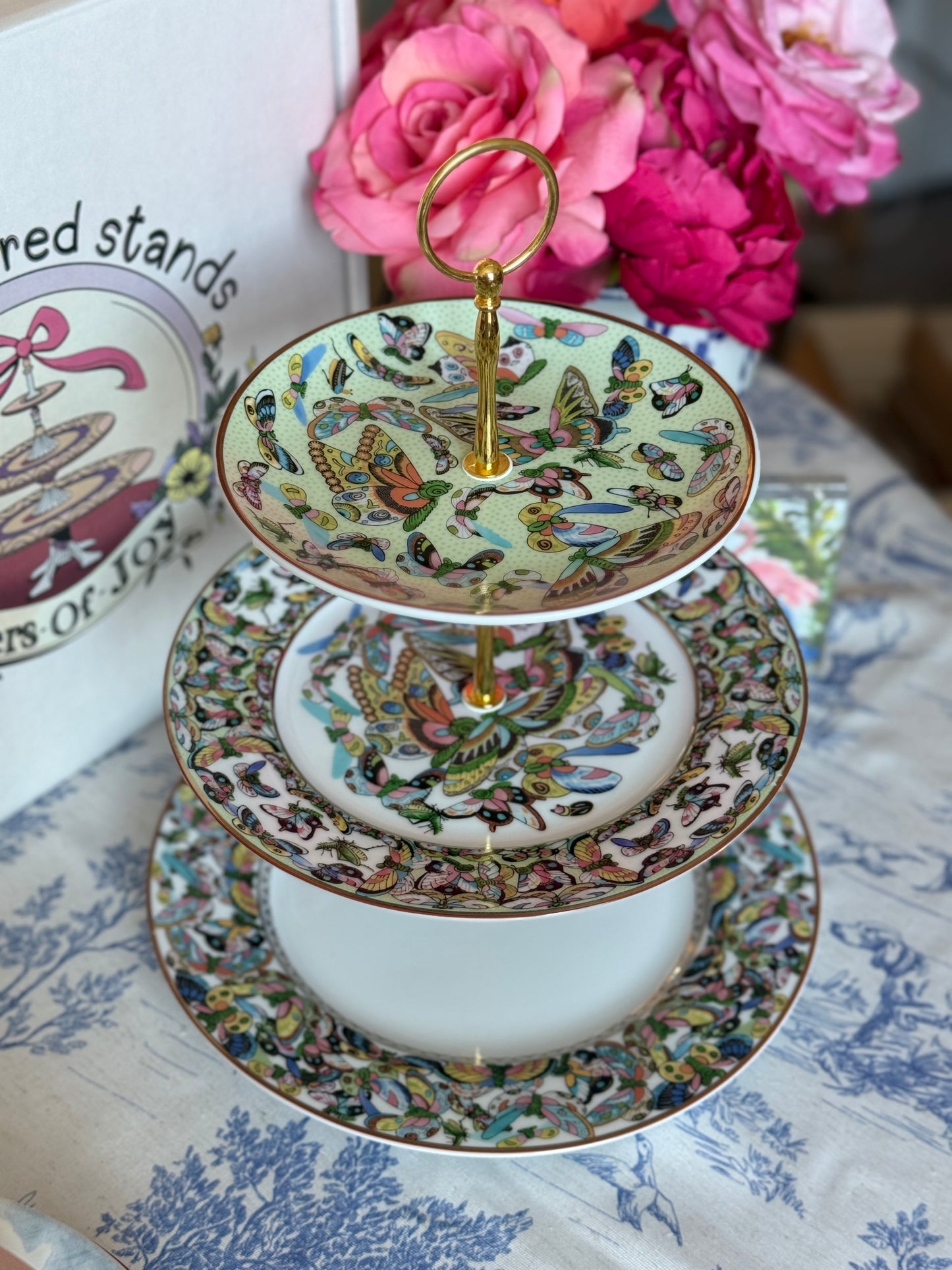 Williams Sonoma Papillon Three-Tiered Stand Inspired by Chinese Export “Thousand Butterflies” Porcelain- Green