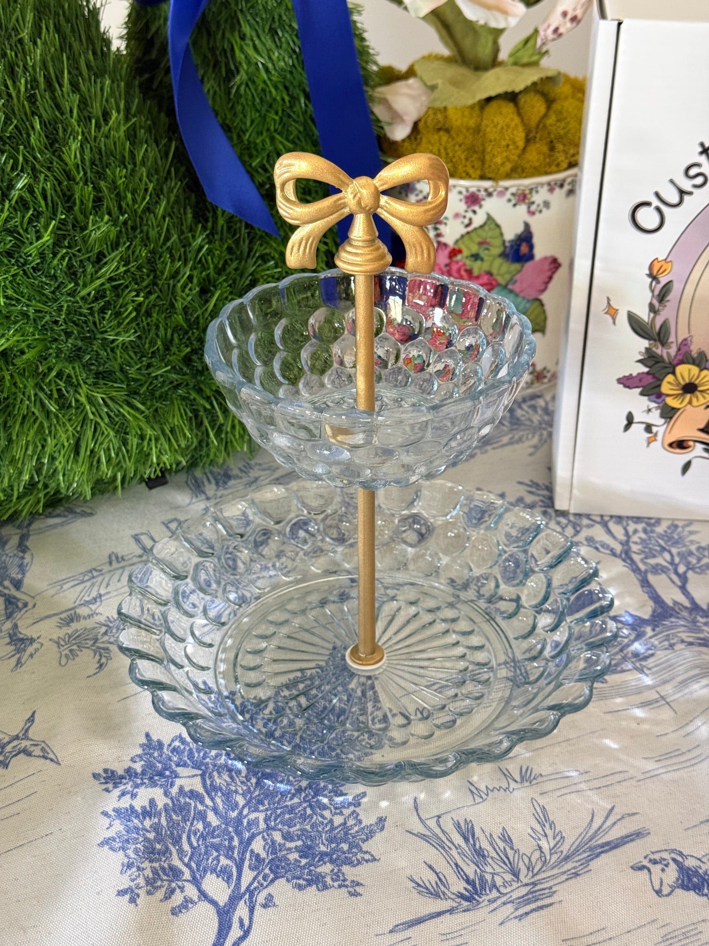 Anchor Hocking Sapphire Blue Depression Glass Bubble Pattern Tiered Stand – Vintage Jewelry & Perfume Display (1940’s)