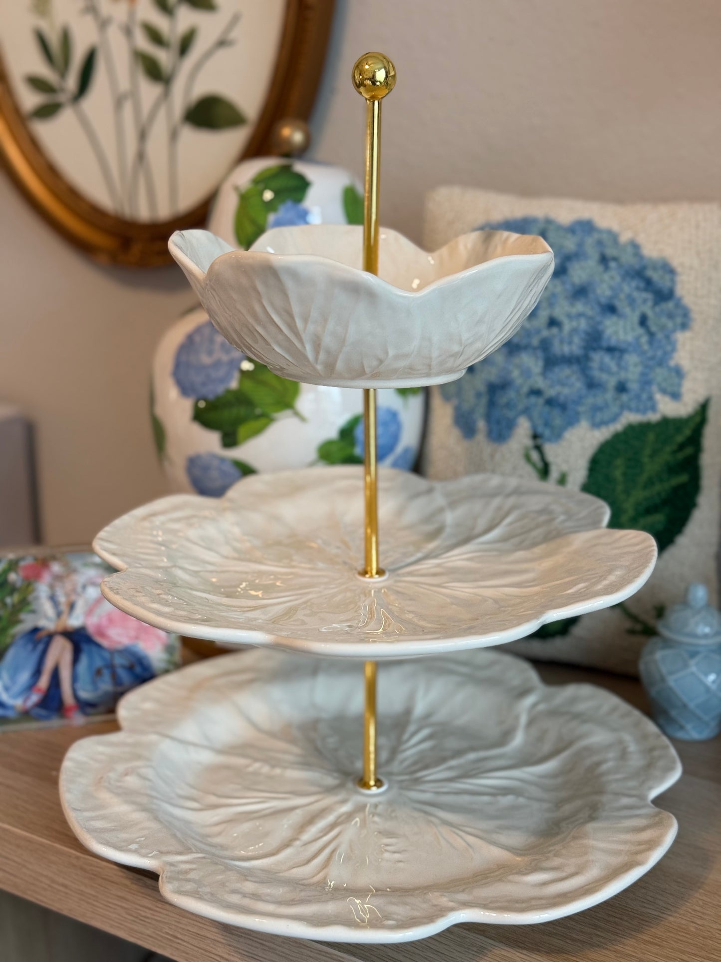 Bordallo Beige Cabbage Three Tiered Serving Stand - 12” Base Charger