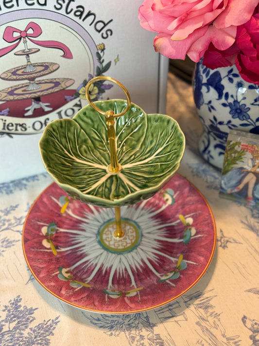 Bordallo Pinheiro Green Cabbage and Pink Bok Choy Two Tiered Stand