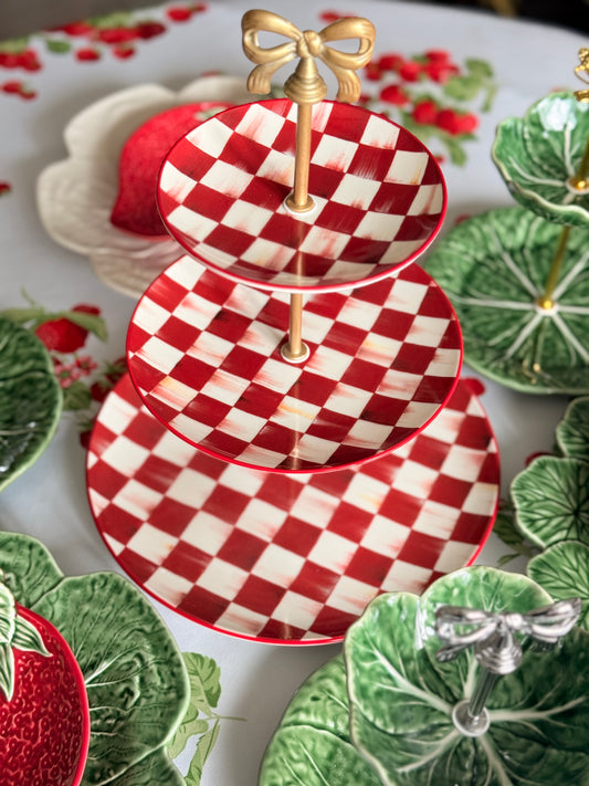 MacKenzie-Childs Cherry Check Tiered Stand with Gold Bow Handle | Authentic Handcrafted Dessert Stand | Red Check Serving Tray