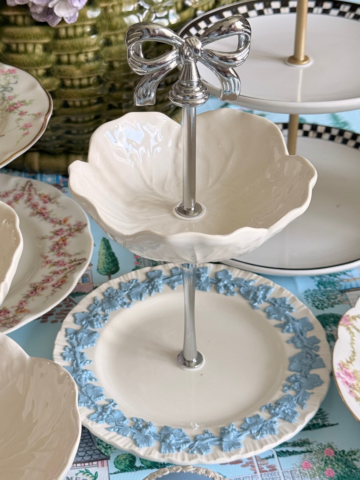 Wedgwood Queensware & Bordallo Cabbage Petite Tiered Stand – Blue White Vintage Inspired Jewelry & Dessert Stand, 6.5” Base