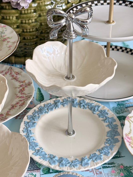 Wedgwood Queensware & Bordallo Cabbage Petite Tiered Stand – Blue White Vintage Inspired Jewelry & Dessert Stand, 6.5” Base