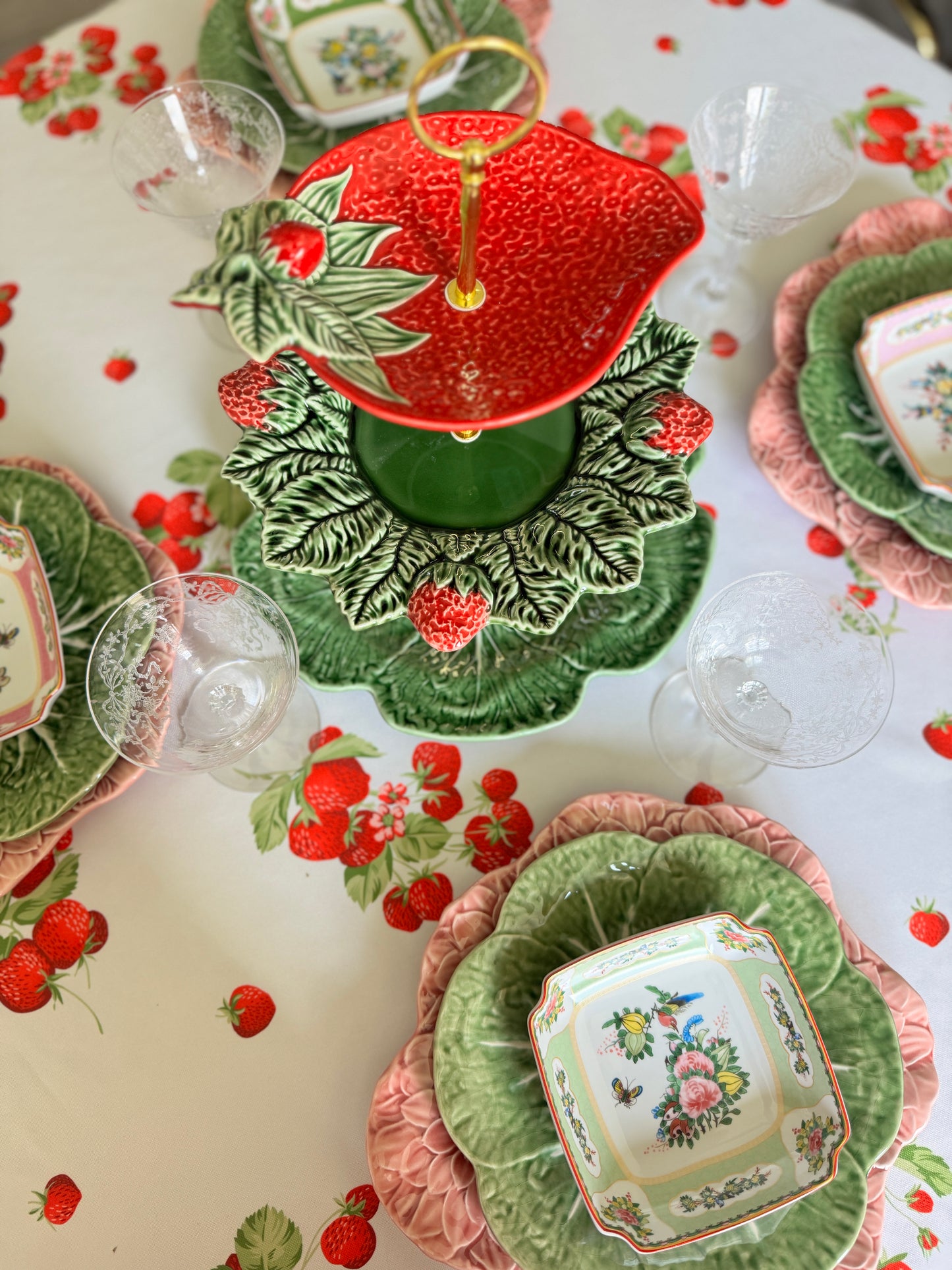 Bordallo Pinheiro Strawberry Three Tiered Stand with 12” Cabbage 🥬 base