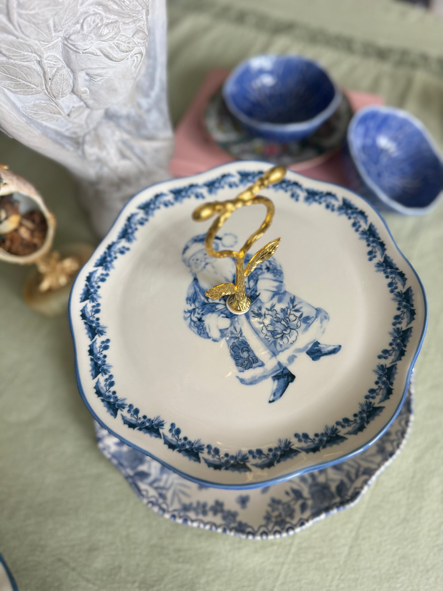 Limited Edition Two-Tiered Stand with Interchangeable Blue & White Santa Plate and Pumpkin Topiary Plate