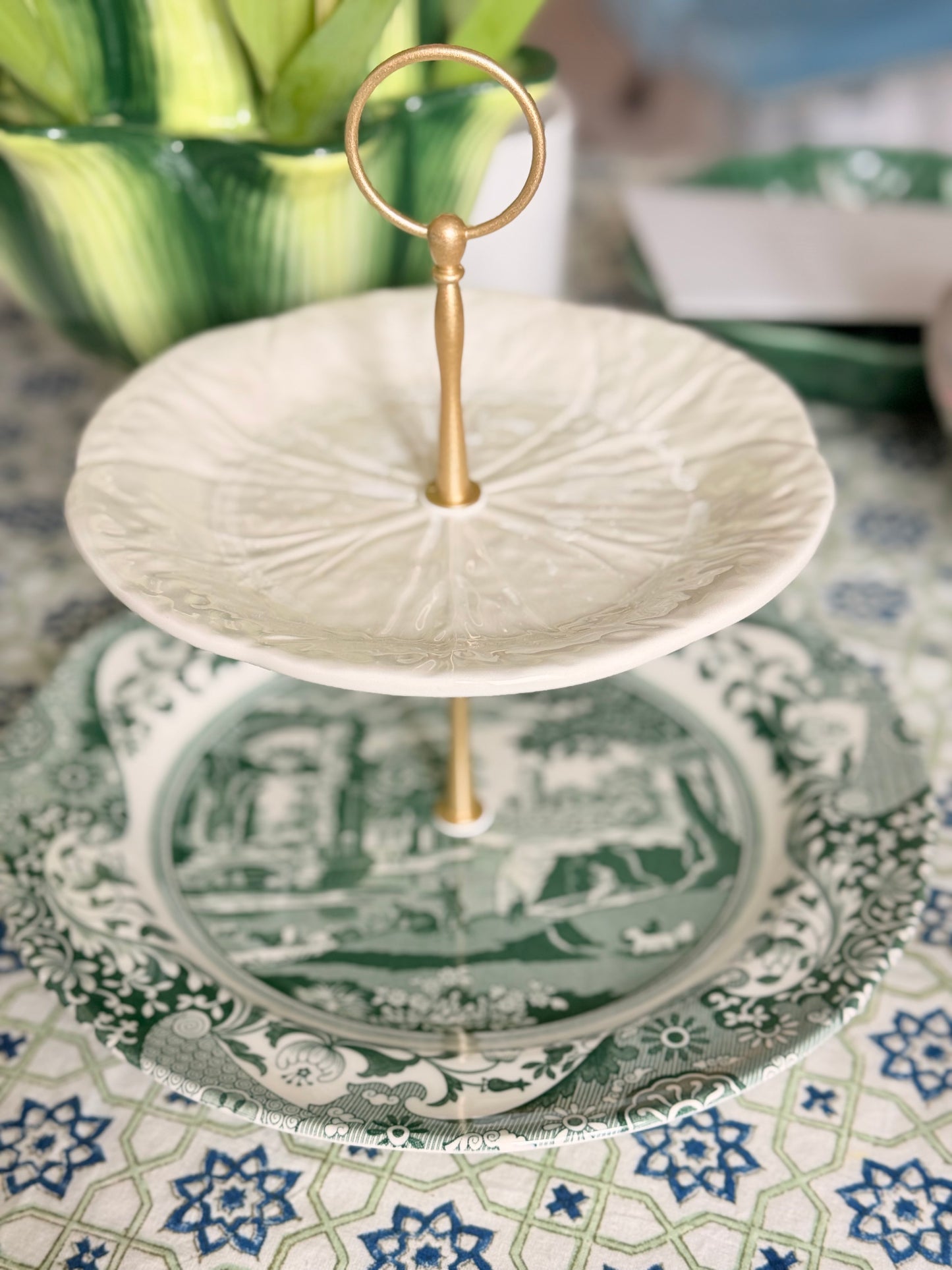 Spode Green Italian and Bordallo Beige Cabbage Two Tiered Stand