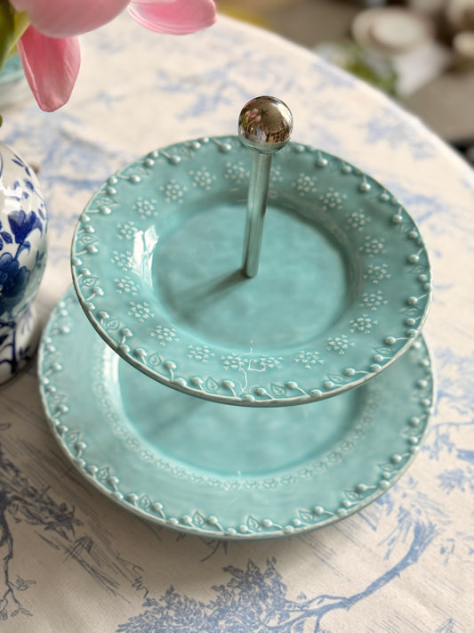 Bordallo Pinheiro Flora Two-Tier Stand in Aqua Blue — 11.5” Base