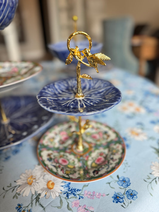 Blue Cabbageware and Rose Canton Two Tiered Stand with Exclusive Gold Bird Hardware