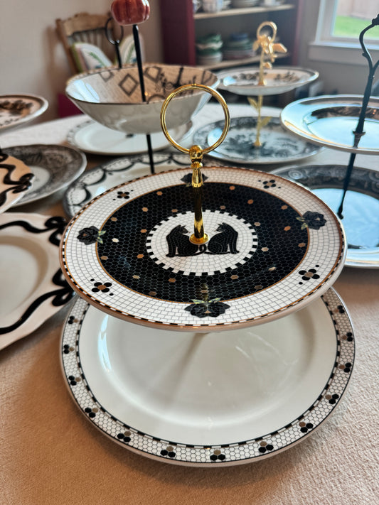 Anthropologie Bistro Tile Halloween Tiered Stand – Black Cat 2-Tier Server
