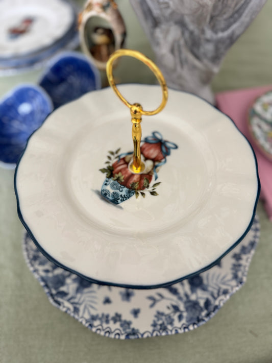 Limited Edition Two-Tiered Stand with Interchangeable Blue & White Santa Plate and Pumpkin Topiary Plate