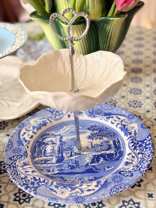 Spode Blue Italian and Bordallo Cabbage Two Tiered Serving Stand