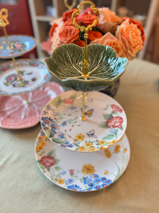 Handcrafted Pfaltzgraff Anabelle Floral & Bordallo Cabbage Tiered Stand – 3-Tier Dessert and Serving Tray
