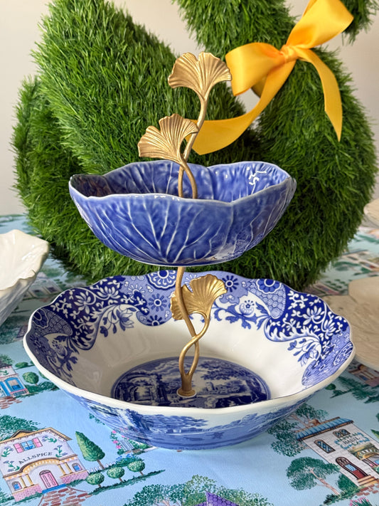 Spode Blue Italian and Blue Cabbage Bowl Tiered Stand