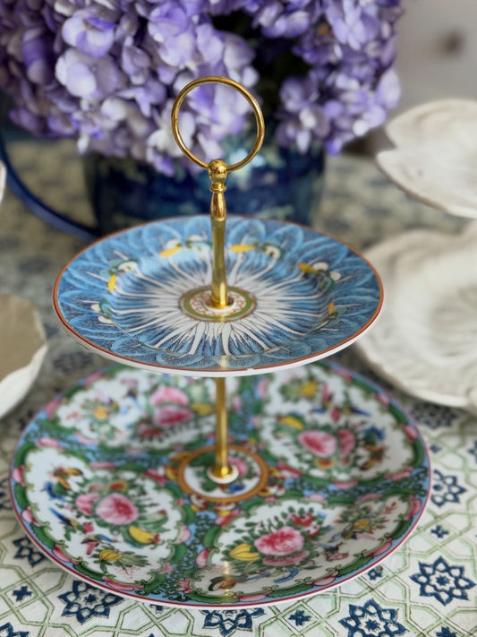 Famille Rose Blue Bok Choy and Rose Canton Two Tiered Stand (9.5” base)