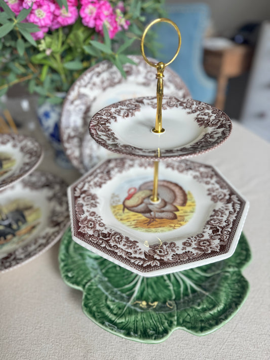 Spode Woodland Turkey 3-Tier Serving Stand with Bordallo Pinheiro Cabbage Charger – Handcrafted Holiday Dessert & Appetizer Stand