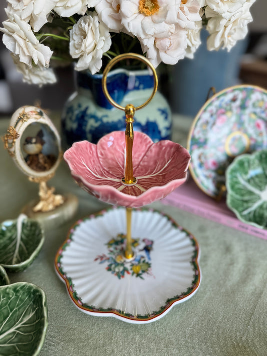 Pink Bordallo Pinheiro Cabbage and Famile Rose Petite Tiered stand