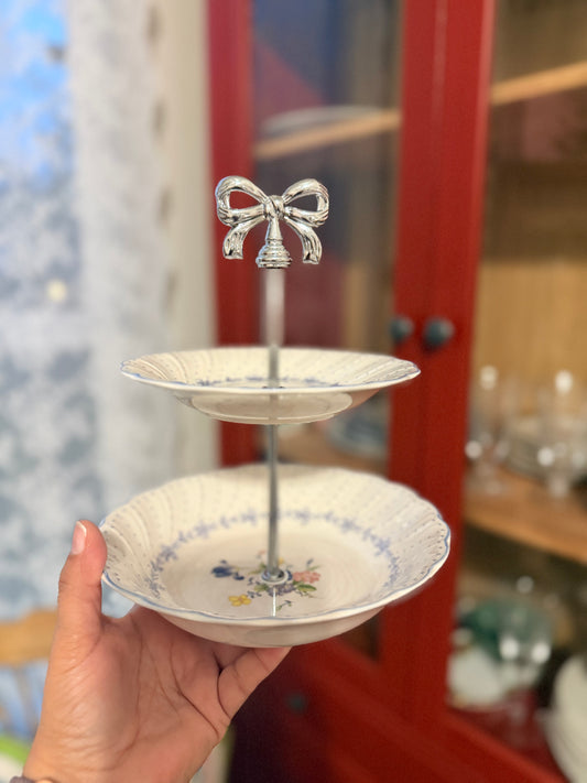 Nikko Blue Peony Two-Tiered Bowl Stand | Vintage Blue Floral Tiered Tray