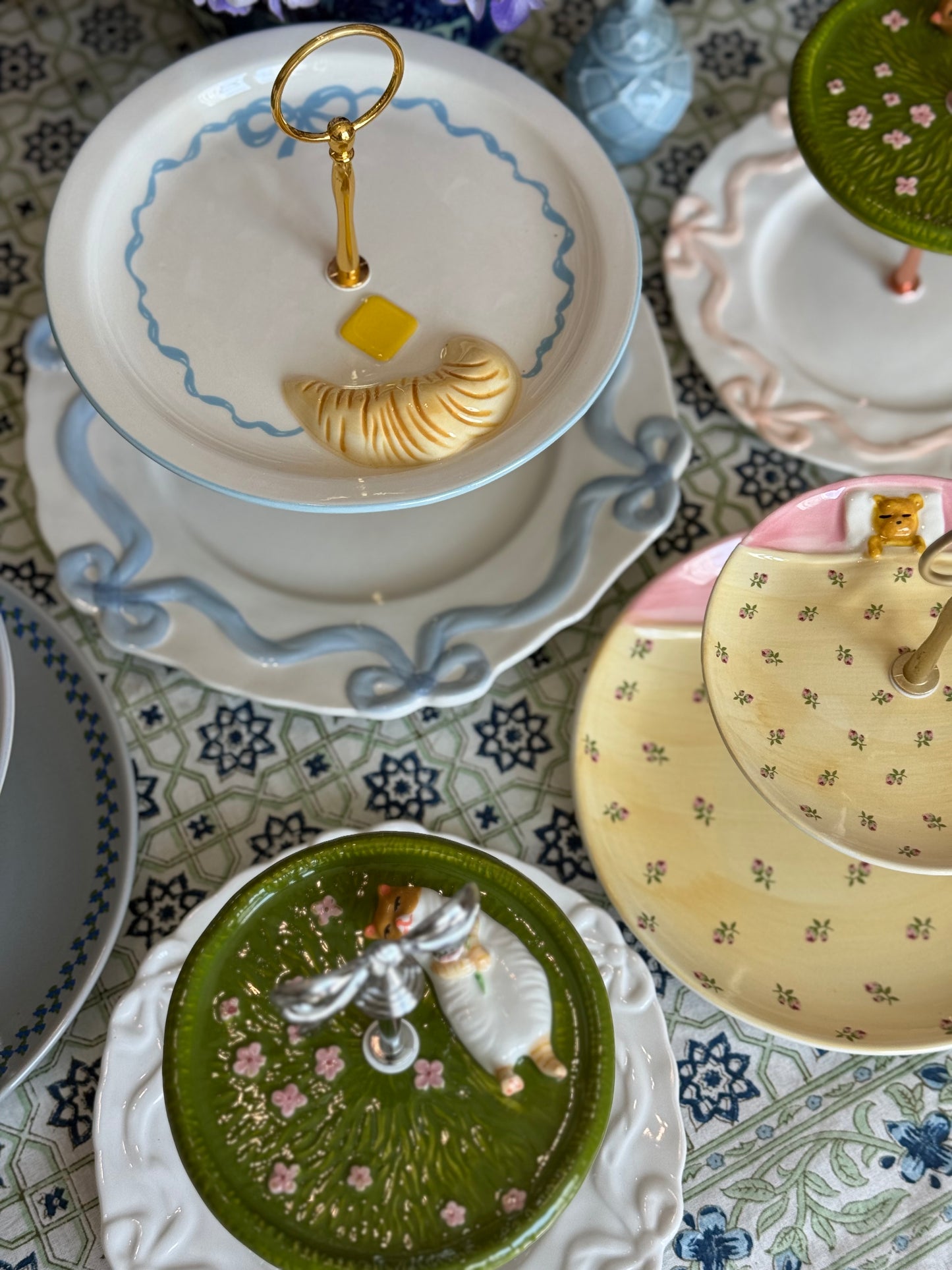 Anthropologie Blue Benedita Bows Two-Tier Tiered Stand with Croissant Plate | French-Inspired Dessert Stand
