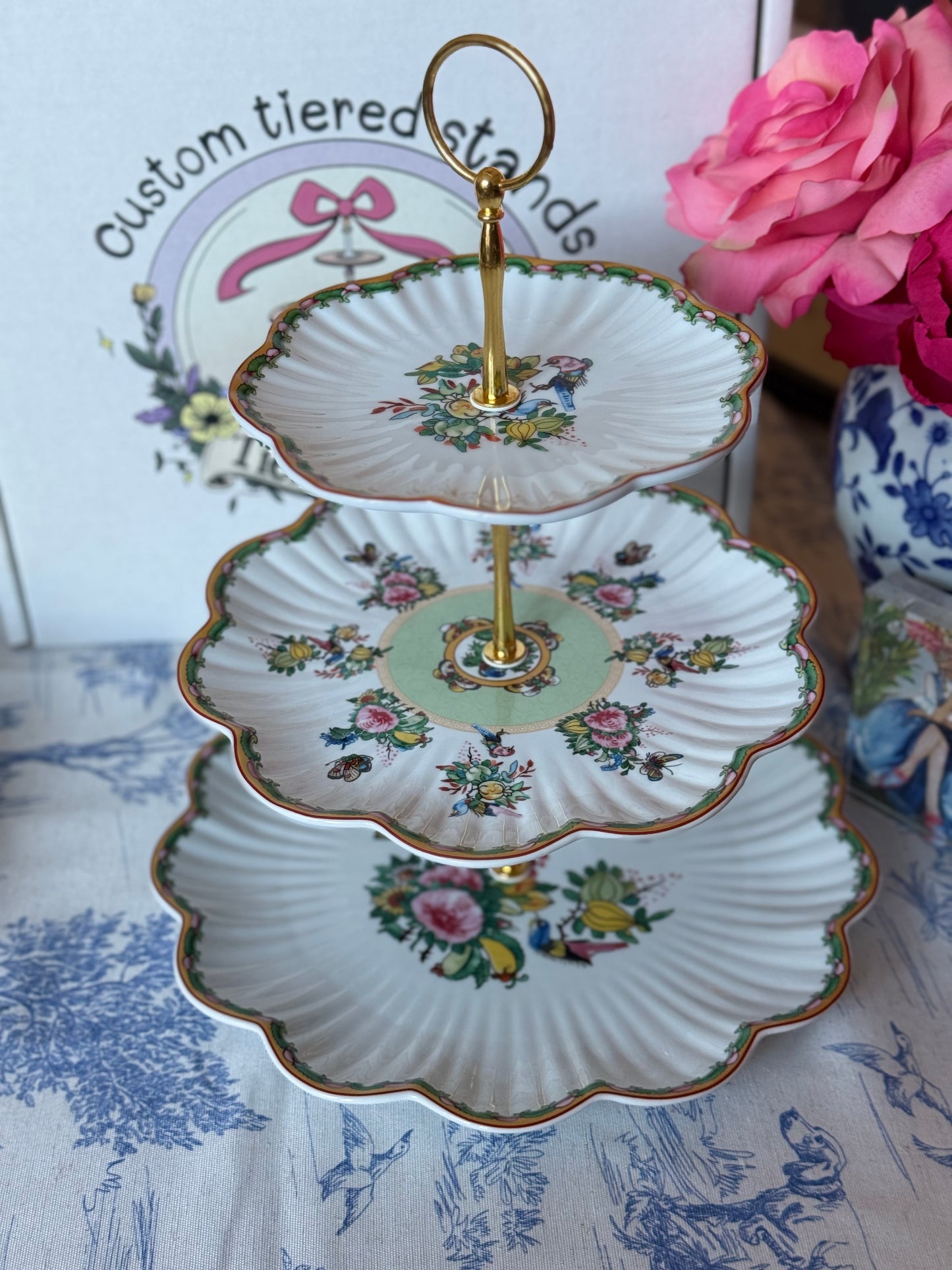 Famille Rose Scalloped Tiered Stand – Handcrafted Floral Serving Stand