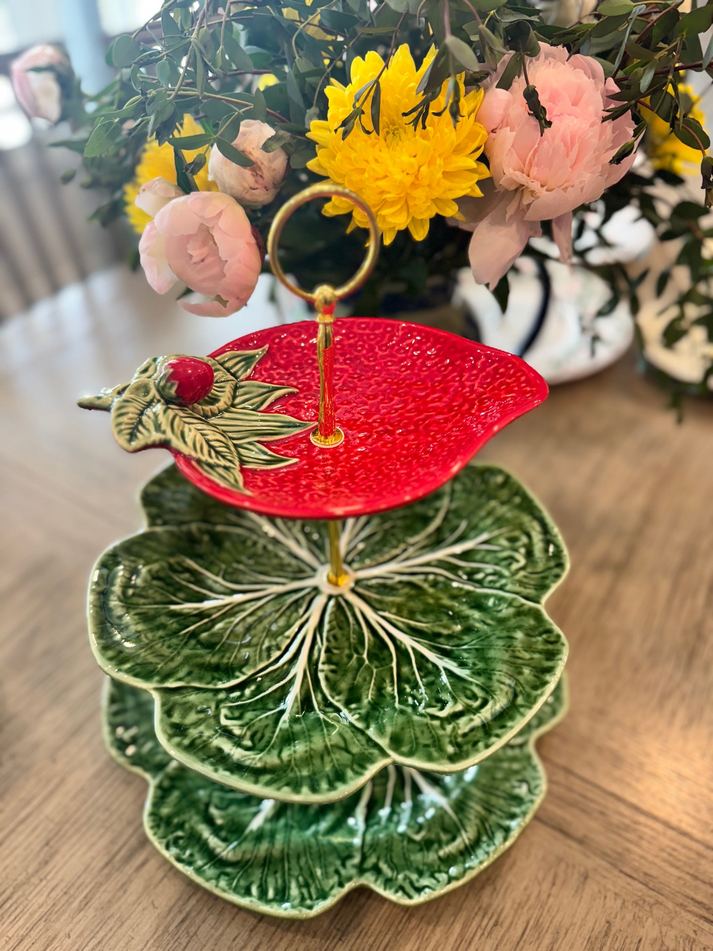 Three Tier Bordallo Cabbage Stand with Strawberry Plate – Handcrafted Botanical Serving Tray