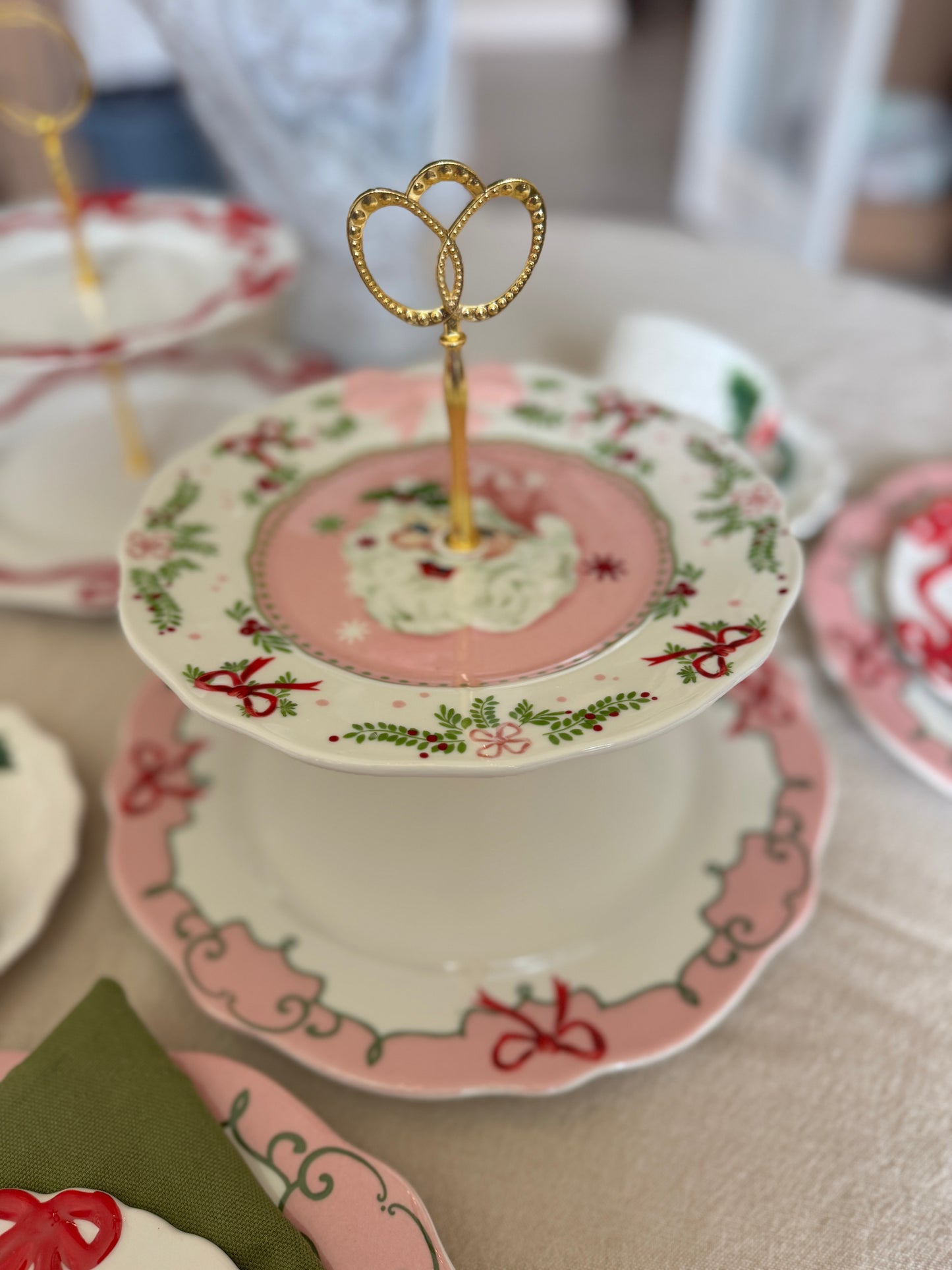 Sweet Christmas Pink Santa Two Tiered Stand