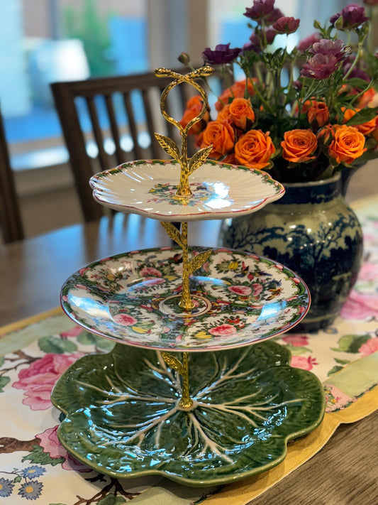 Famille Rose Tiered Stand with Green Cabbage Base – 3-Tier Floral Tray for Garden Decor & Hosting