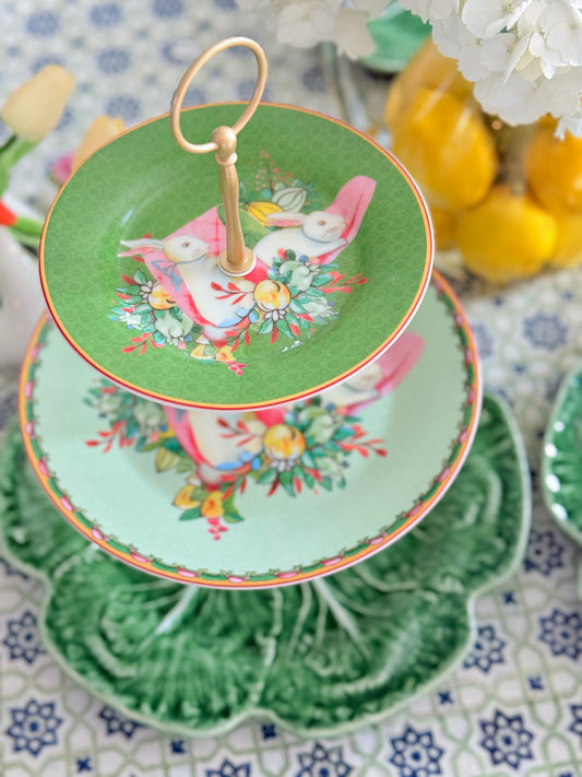 Famille Rose Bunnies and Bordallo Cabbage Three Tiered Serving Stand-  (12” Base)