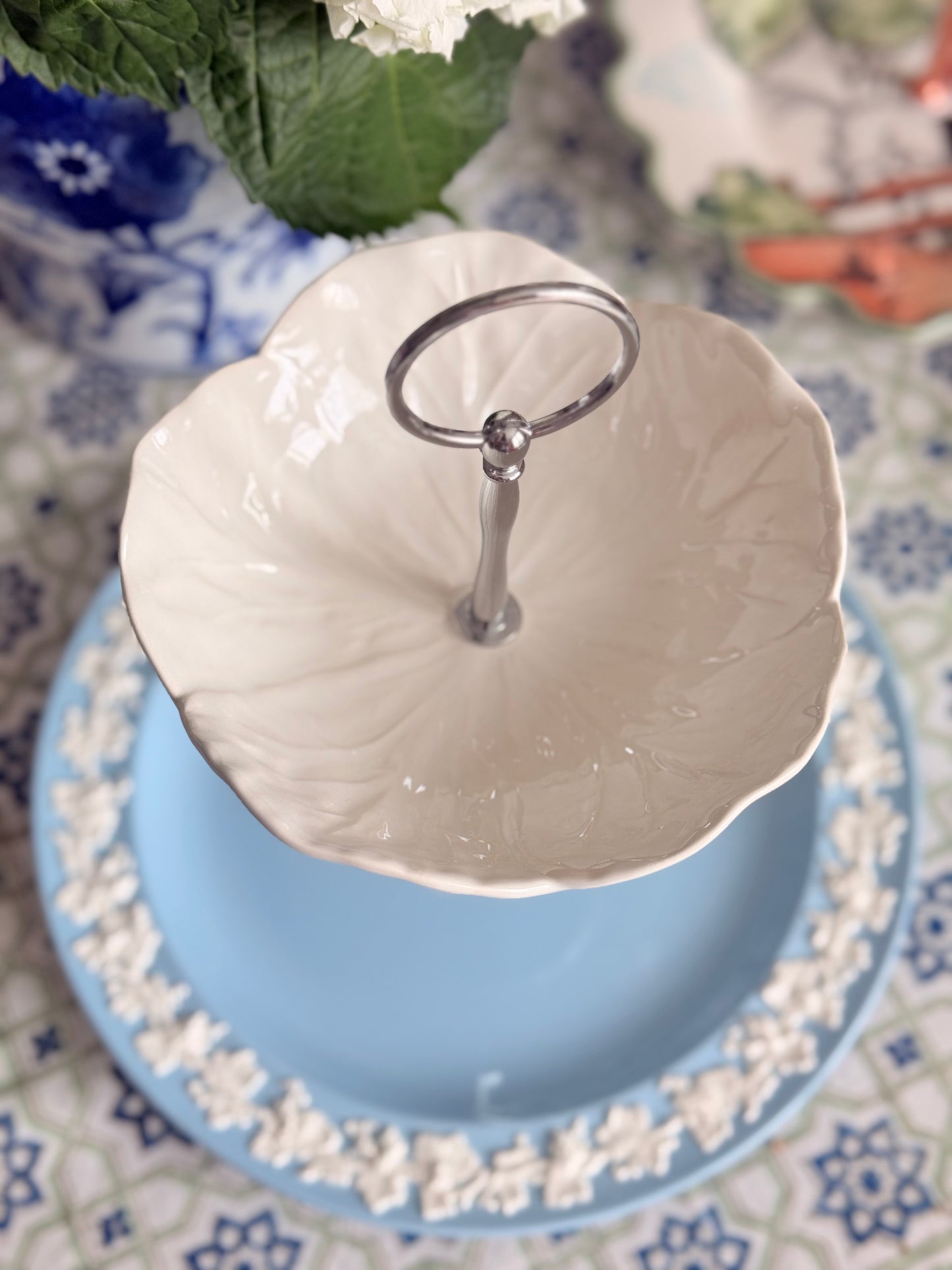 Wedgwood Queensware and Beige Bordallo Cabbage Two Tiered Stand