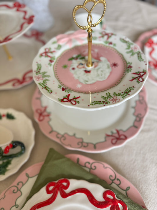 Sweet Christmas Pink Santa Two Tiered Stand