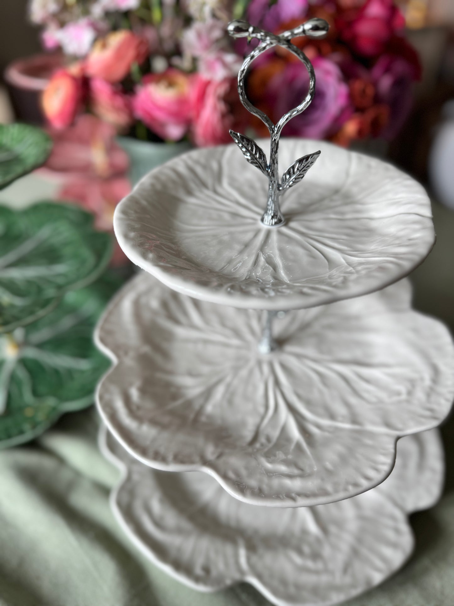 Bordallo Beige Cabbage Three Tiered Stand with Charger Base | Authorized Bordallo Retailer