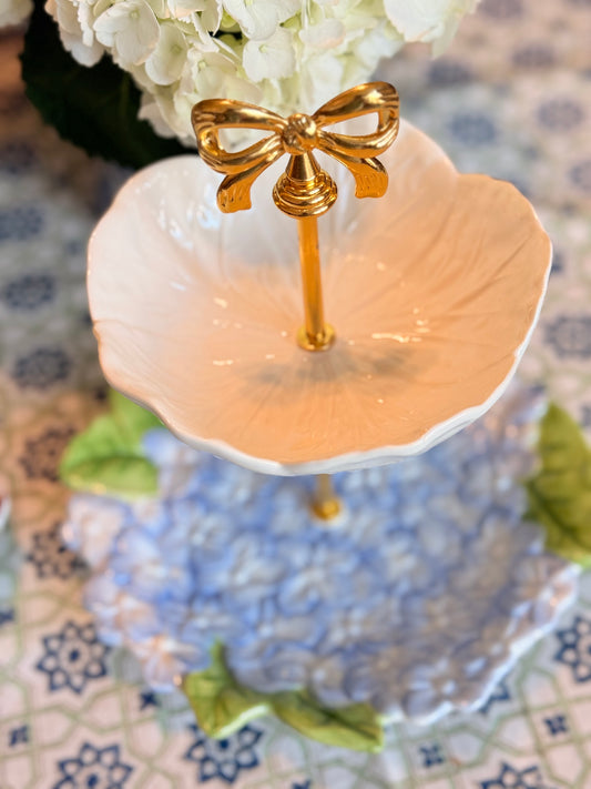 Blue Hydrangea & Cream Cabbage Two Tiered Stand