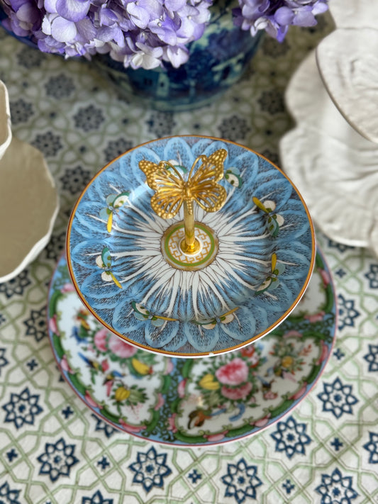 Famille Rose Blue Bok Choy and Rose Canton Two Tiered Stand (9.5” base)