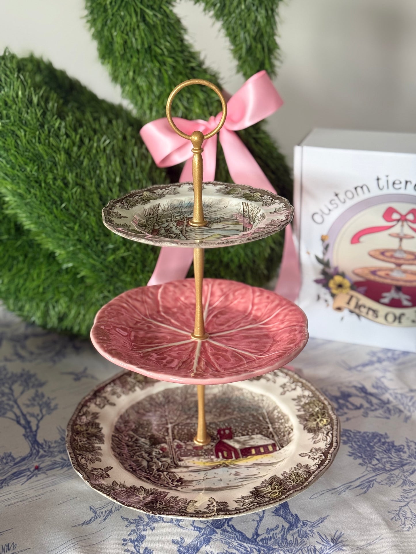 Johnson Brothers Friendly Village and Bordallo Pink Cabbage Three Tiered Stand
