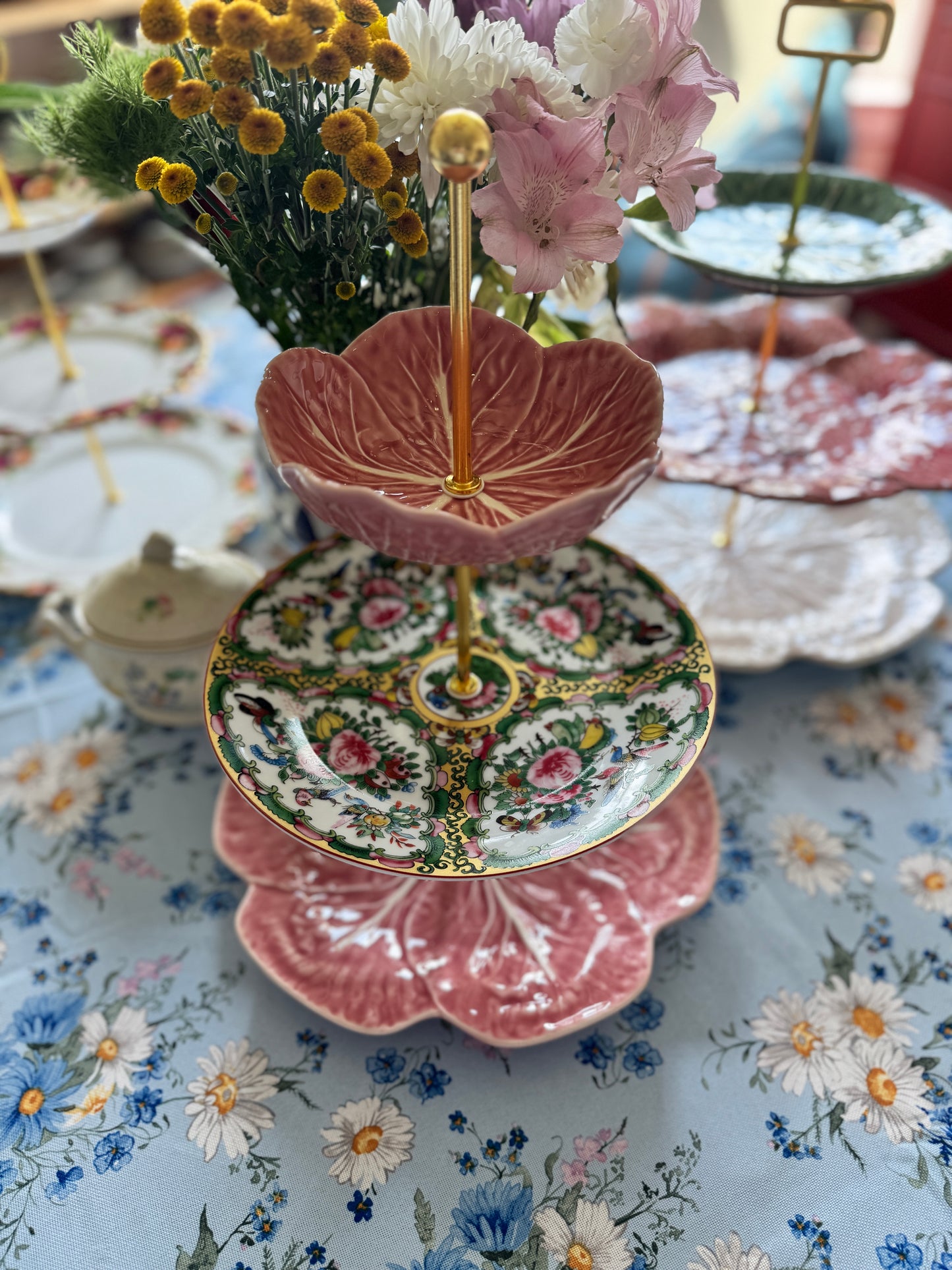 Pink Bordallo and Famille Rose Three Tiered Stand