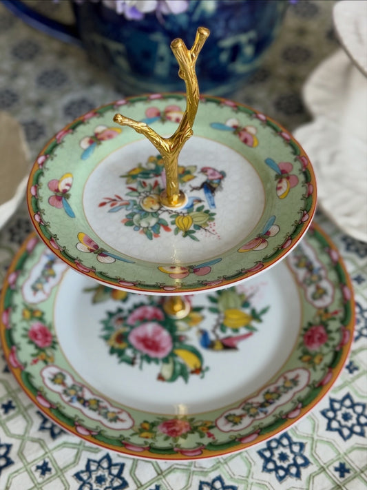 Famille Rose Green Rim Two Tiered Stand (9.5” base)