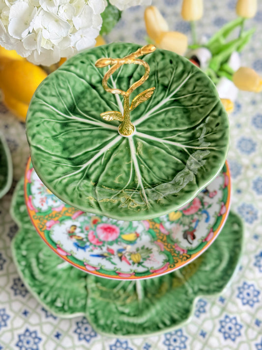 Famille Rose Tiered Stand with Bordallo Pinheiro Cabbage Charger – Handcrafted 3-Tier Serving Stand (12” Base)
