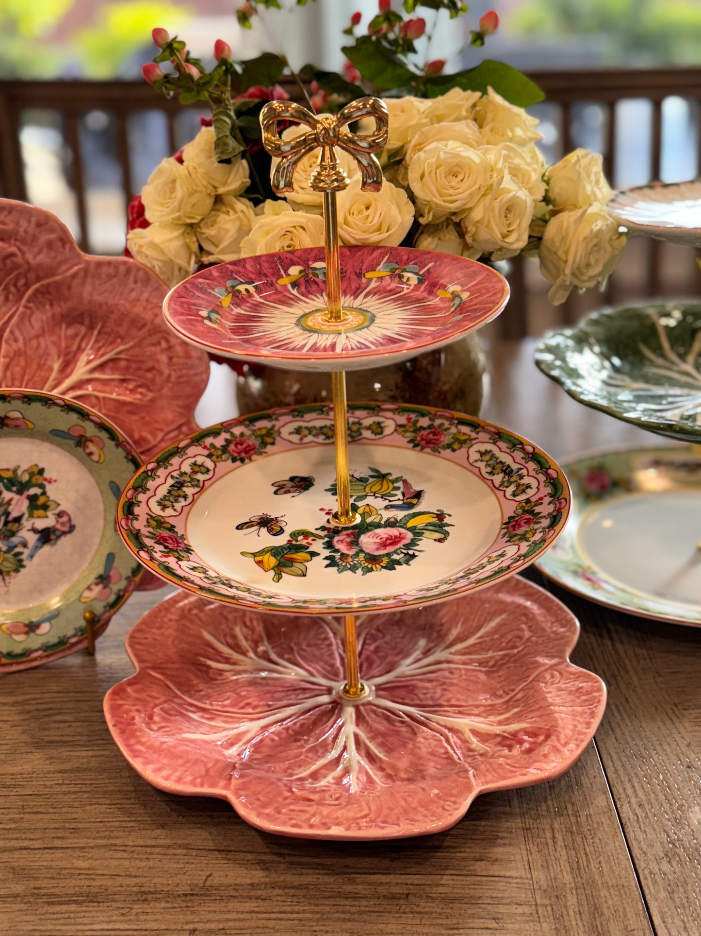 Famille Rose Bok Choy and Bordallo Pinheiro 3 Tiered Stand