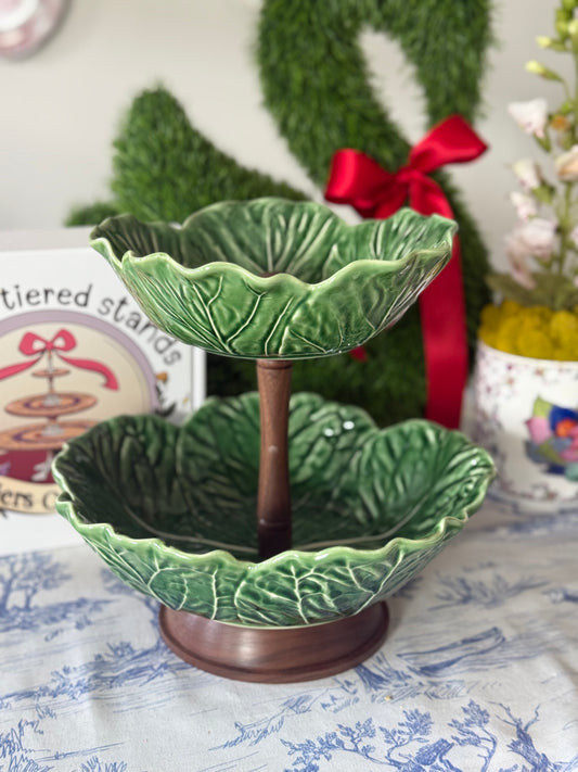 Bordallo Pinheiro Green Cabbage Tiered Stand with Artisan Wood Base | Elegant Fruit Stand & Kitchen Counter Decor (12.5” base bowl)