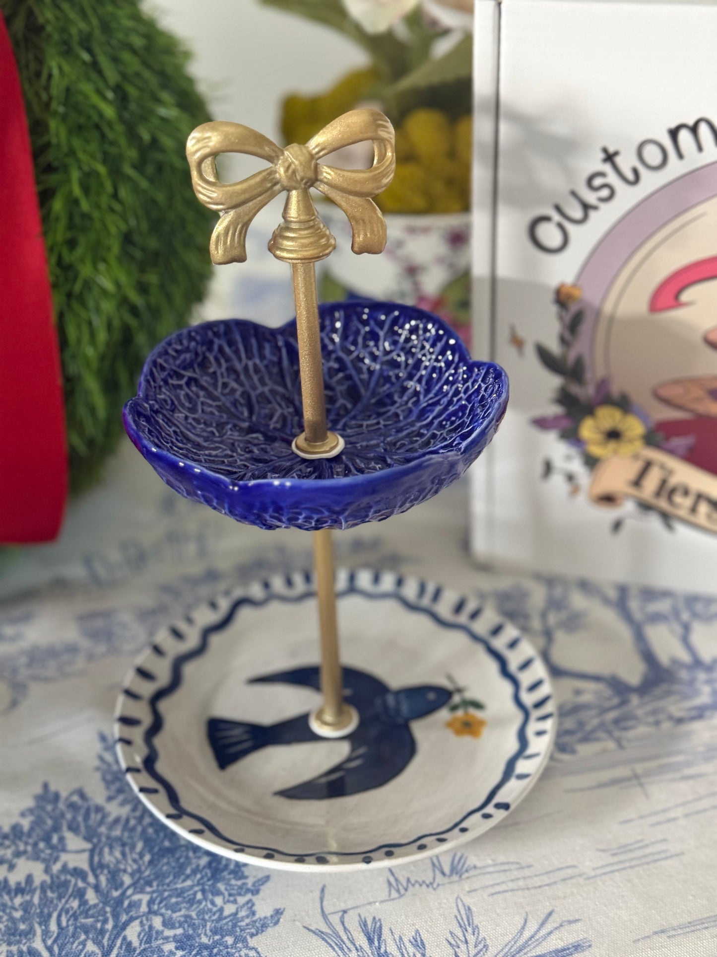 Blue Bird and Blue Cabbage Petite Tiered Stand