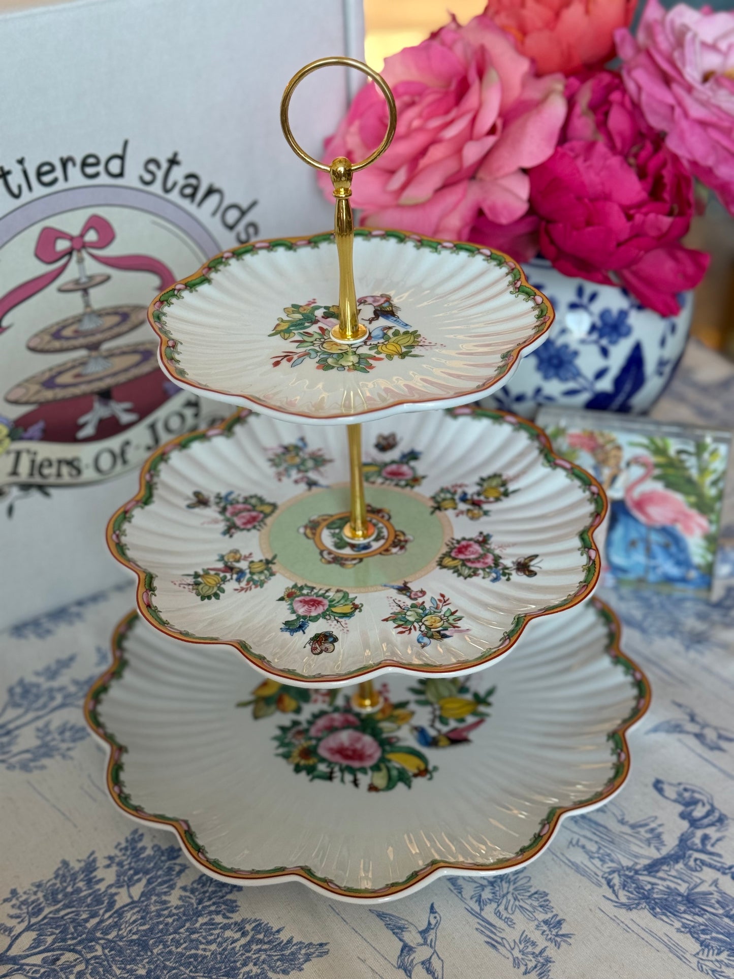 Famille Rose Scalloped Tiered Stand – Handcrafted Floral Serving Stand