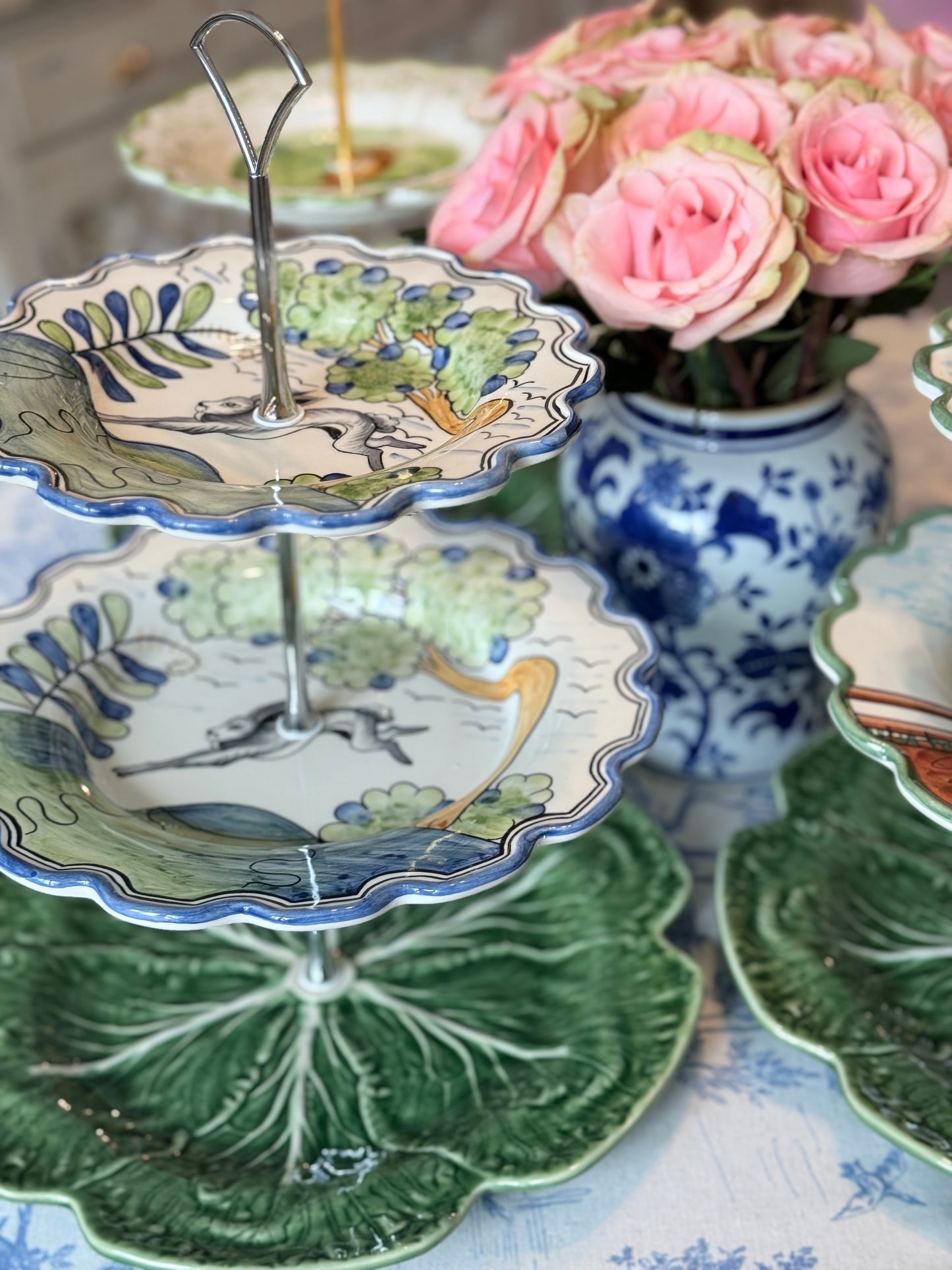 CE Corey Le Lapin and Bordallo Green Cabbage Three Tiered Stand