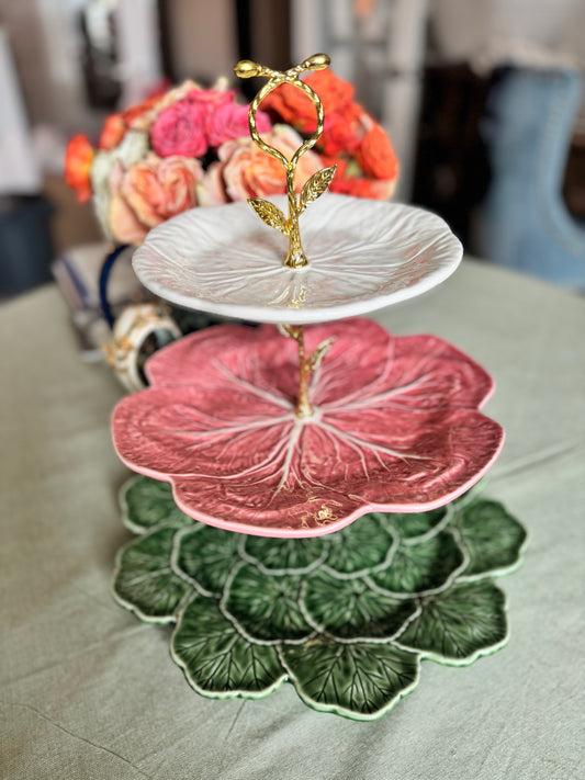 Bordallo Geranium, Pink Cabbage, and White Cabbage 3-Tiered Stand – Handcrafted Serving & Display Piece