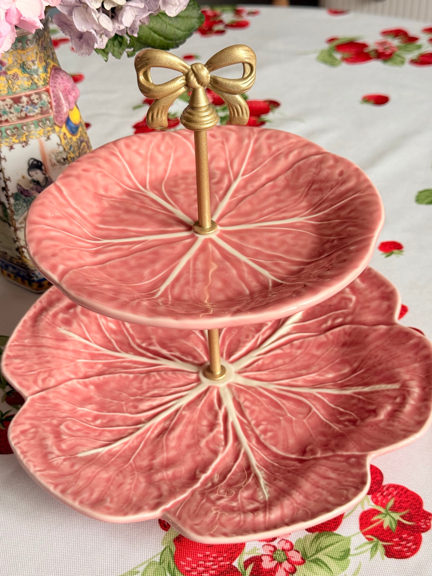 Pink Bordallo Pinheiro Cabbage Tiered Stand with Bow Hardware | Handcrafted Serving Stand | 10.5 Inch Base Plate