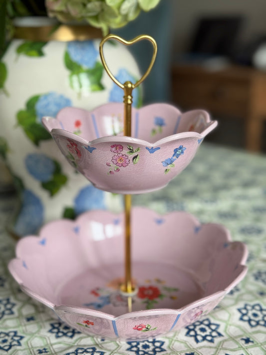 Kid Friendly- Pink Floral Two Tiered Stand - Perfect for Food and Play!